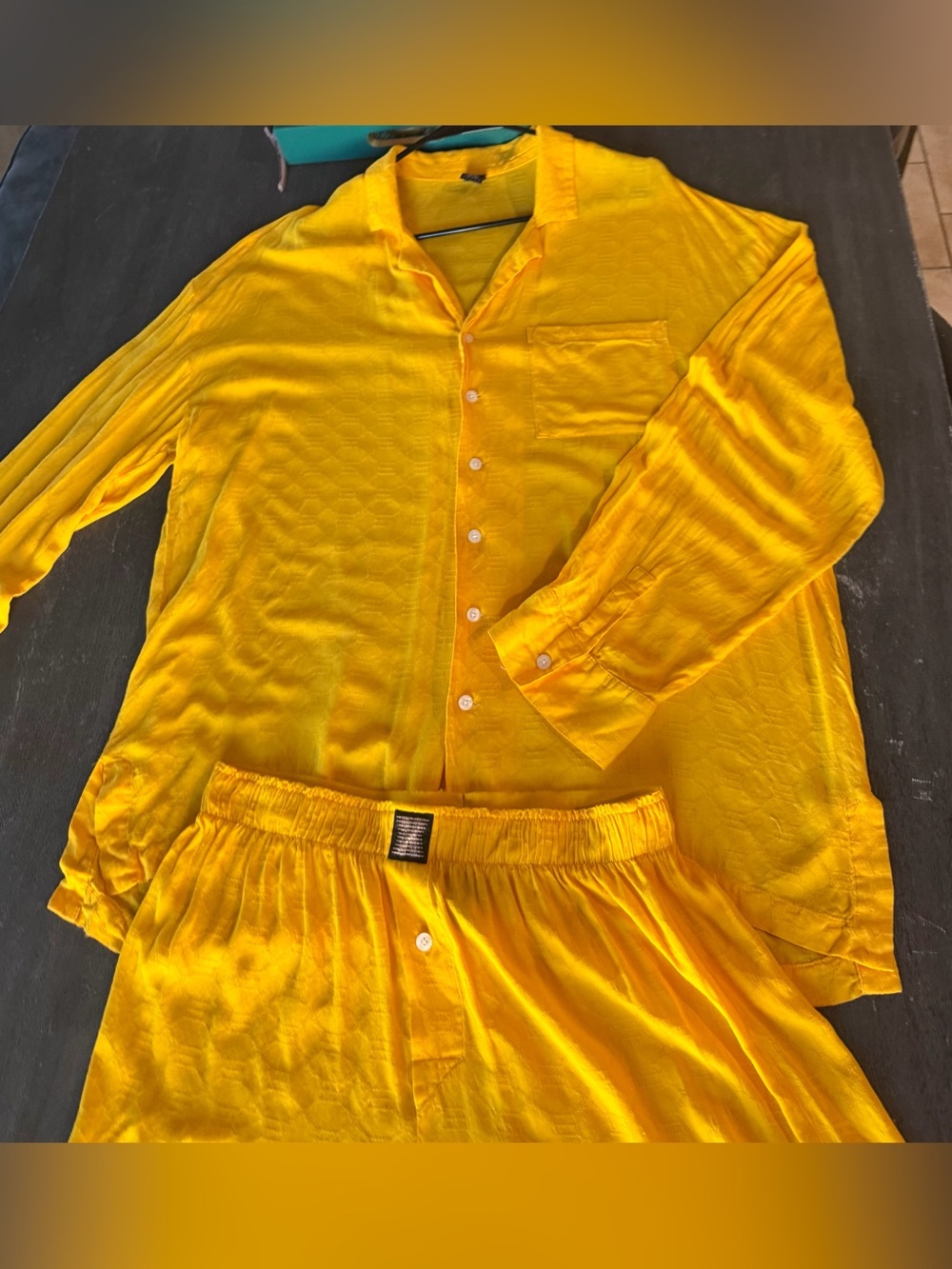 Savage X Fenty Men's Yellow Satin Button-Up Shirt and Shorts Pajama Set